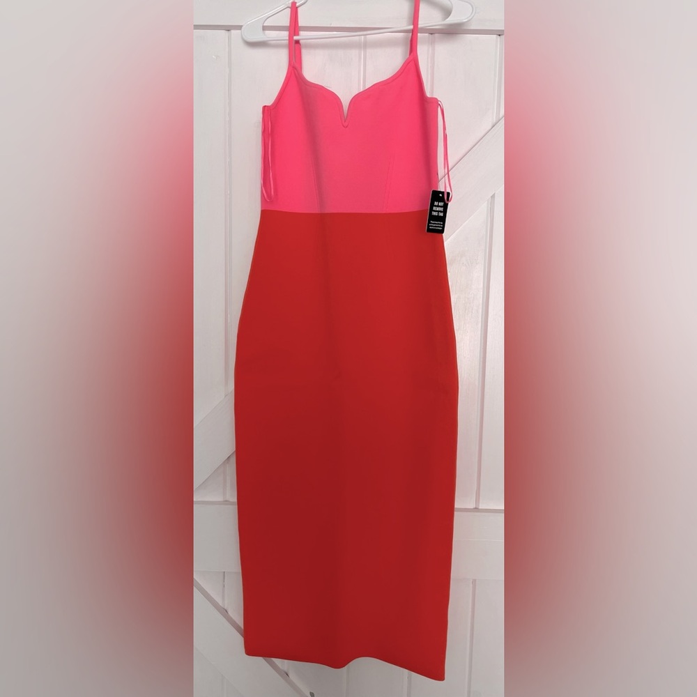 Express orange and pink color block scuba midi dress. Size M.